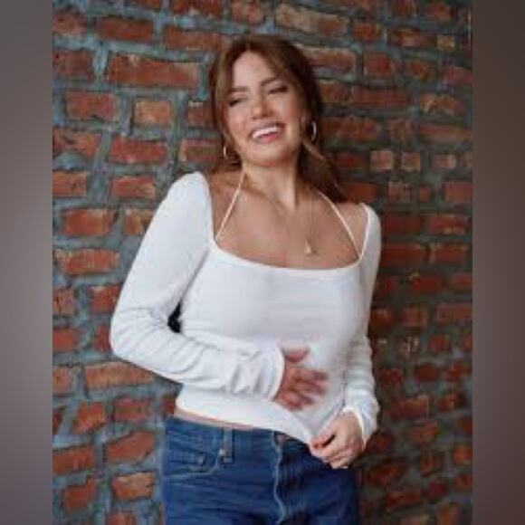 New Backyard Roses Ribbed Long Sleeve Top With Cross Tie Women’s Small White - Picture 2 of 4